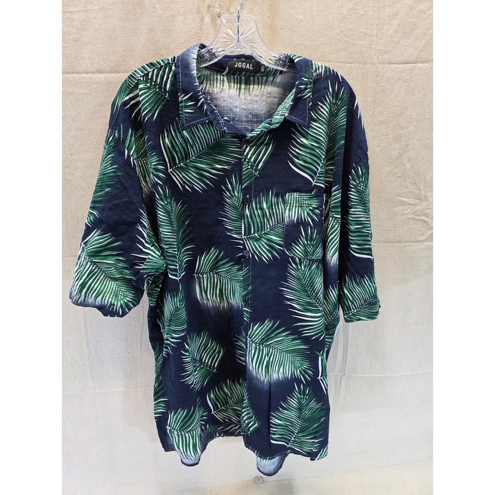 Jogal Mens XXXL Tropical Palm Leaf Print Button Down Shirt NavyGreen ShortSleeve